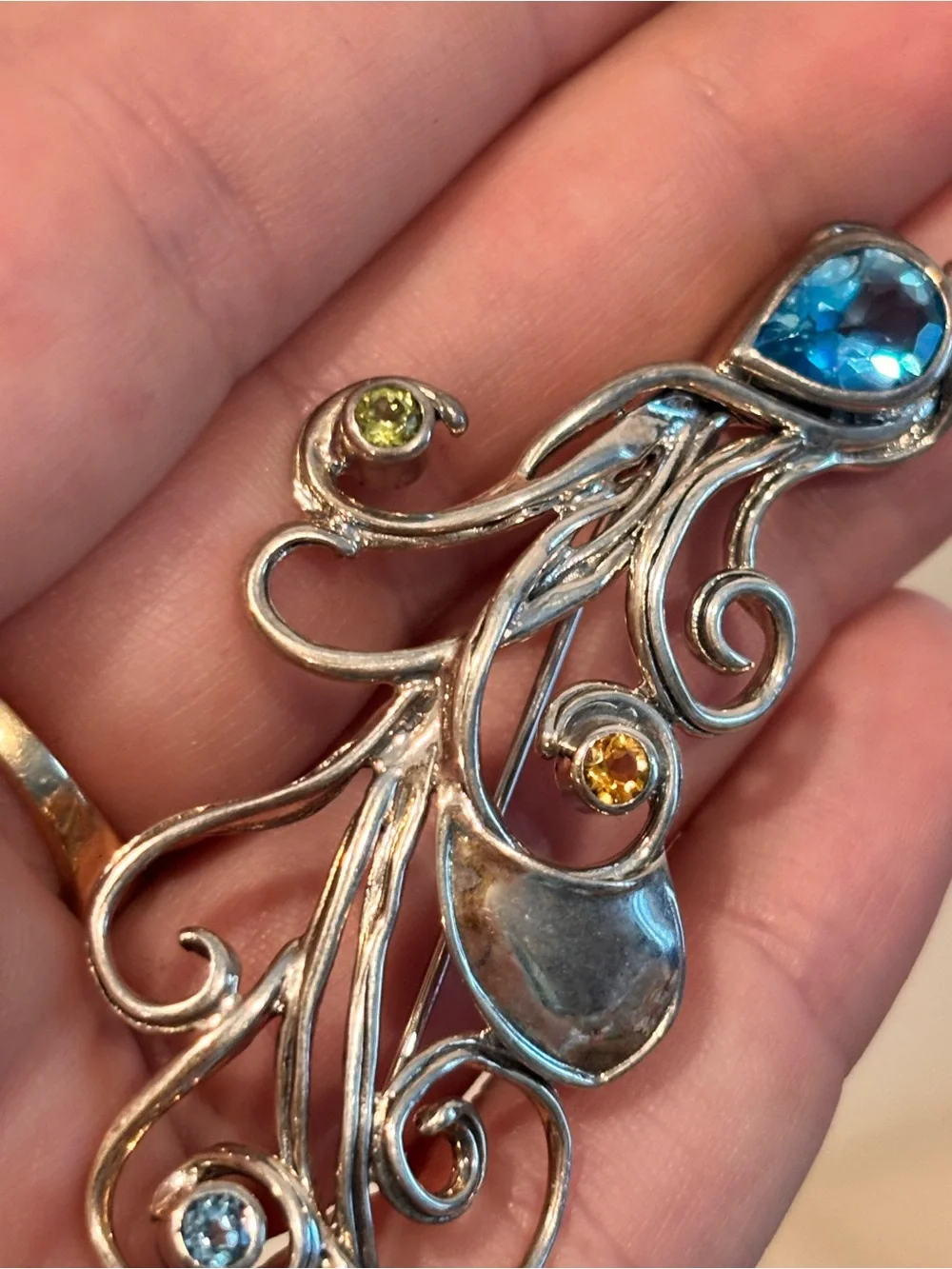 Vintage Designer 925 Sterling Silver & Precious Gemstone Embellished Brooch